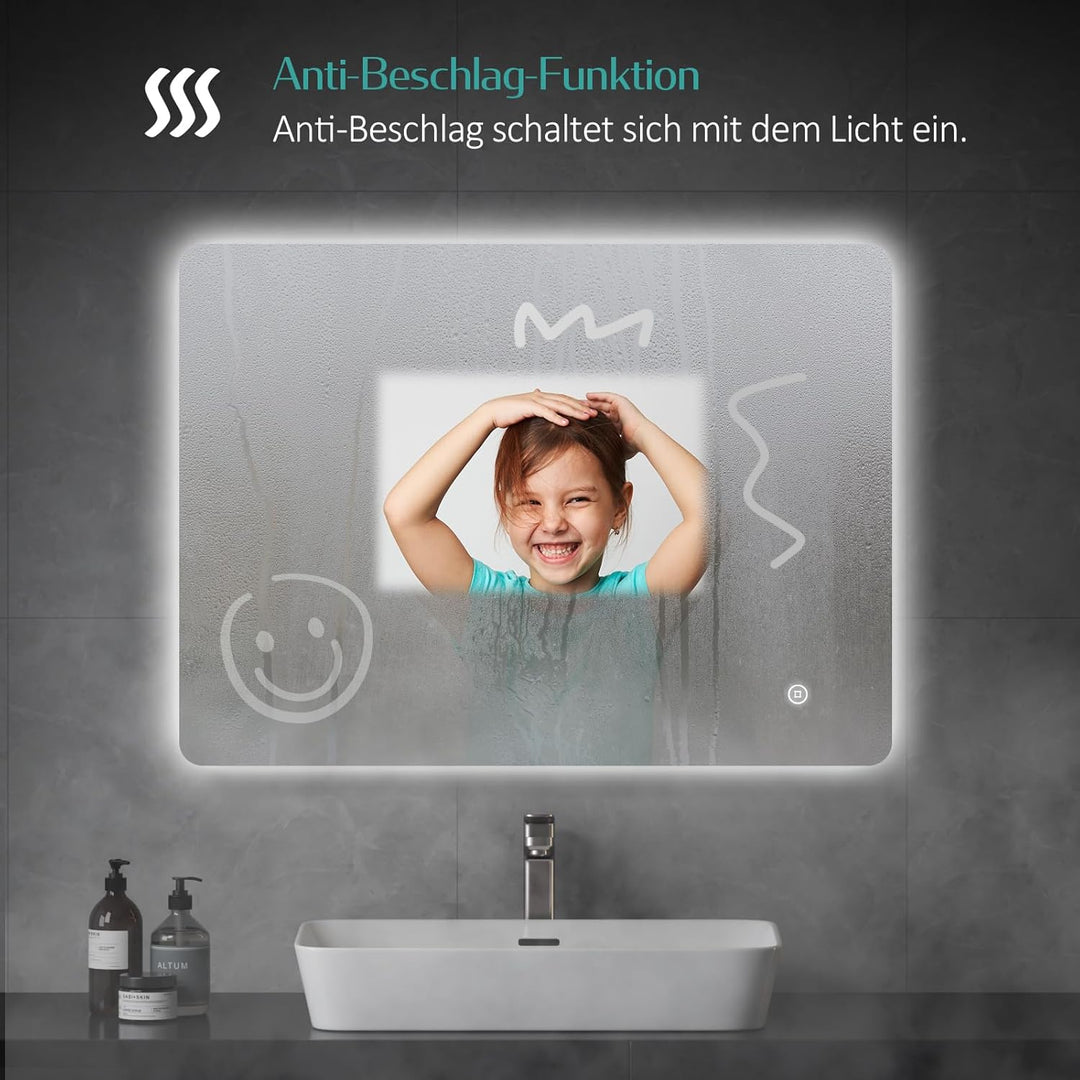 EMKE Badspiegel mit Beleuchtung 60x80cm, Badezimmerspiegel mit Beschlagfrei, 3 Lichtfarben dimmbar,