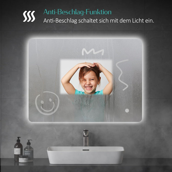 EMKE Badspiegel mit Beleuchtung 60x80cm, Badezimmerspiegel mit Beschlagfrei, 3 Lichtfarben dimmbar,