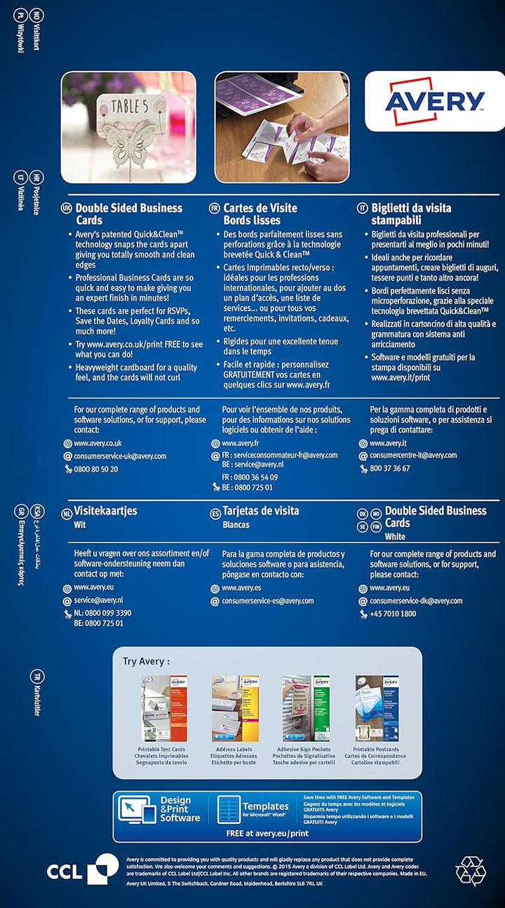 Avery Quick&Clean Visitenkarten doppelseitig bedruckbar für Laserdrucker mit abgerundeten Ecken