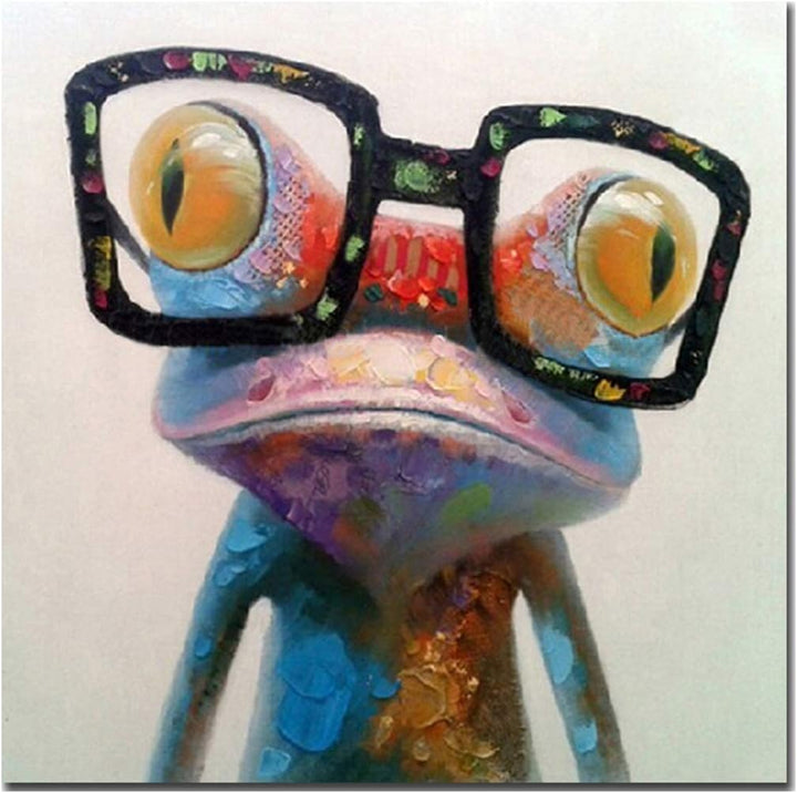 Fokenzary handgemaltes Ölgemälde auf Leinwand niedlicher Frosch mit Brille fertig gespannt und gerah