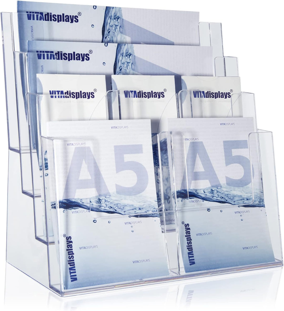 Taymar Prospekthalter DIN A4 / A5 / DIN lang vierstufig Aufsteller Prospektständer Flyerhalter Acryl