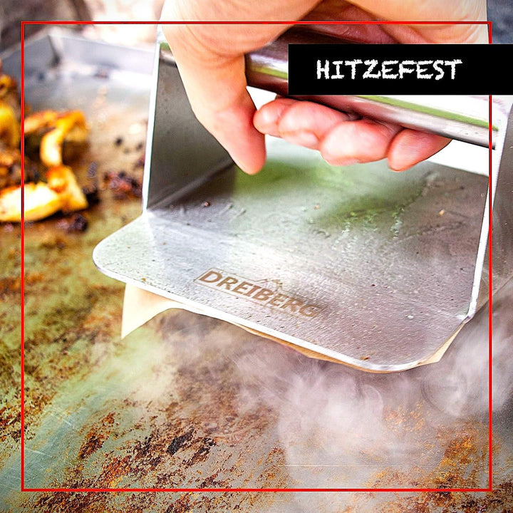 DREIBERG® Grillpresse Set inkl. Burgerpapier – Burgerpresse Edelstahl für Smash Burger. Burger Smash