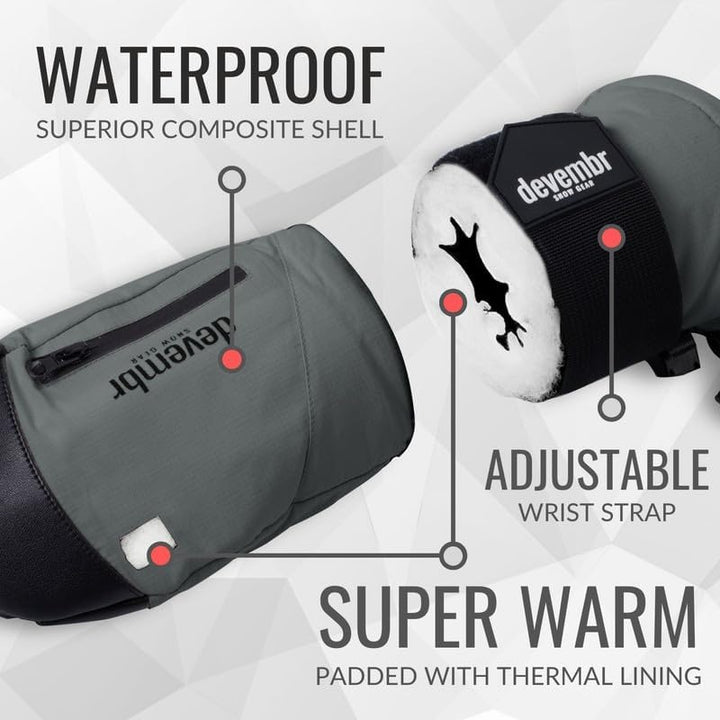 devembr Ski-Fäustlinge mit Handgelenkschützern, Warme Snowboard-Fäustlinge, Wasserdicht (S/M/L) Grau