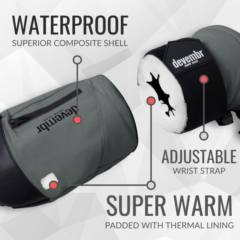 devembr Ski-Fäustlinge mit Handgelenkschützern, Warme Snowboard-Fäustlinge, Wasserdicht (S/M/L) Grau