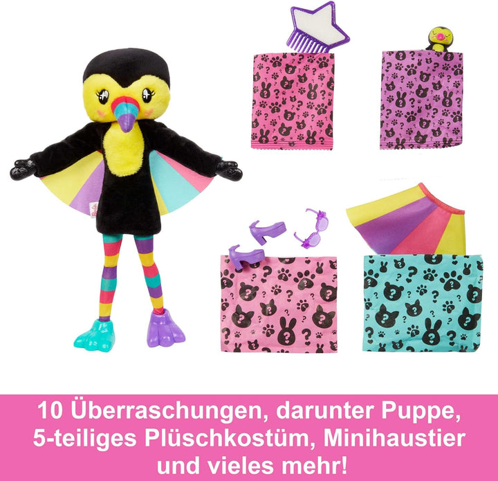 Barbie Cutie Reveal, bewegliche Tukan-Accessoires, 10 Überraschungen, Tierspielzeug, Farbwechseleffe