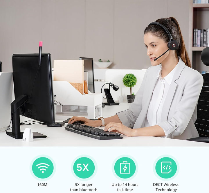 Yealink WH62 kabellos DECT Kopfhörer Teams Zertifiziert, Stereo Büro-Headset für Tischtelefon und Co