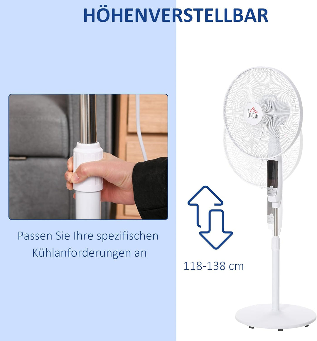 HOMCOM Standventilator 138 cm Ventilator mit 7,5h Timer Fernbedienung höhenverstellbarer Lüfter mit