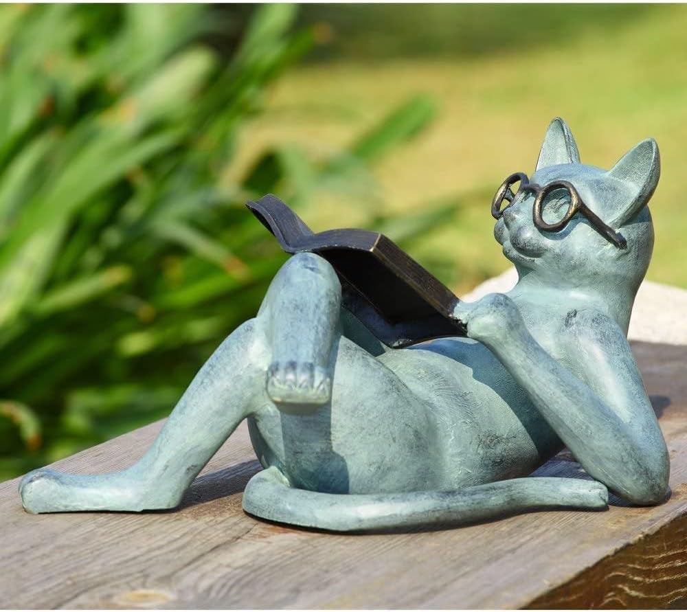 HUSHUI Literarische Katzen-Harz-Ornamente, Gartenstatuen-Dekoration, Lesebrille, Katzenhandwerk für