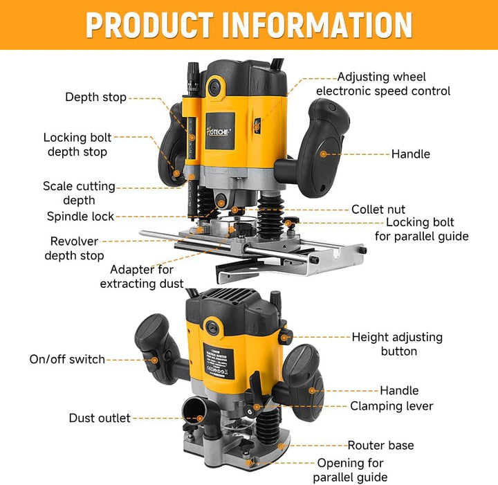 Hoteche 1200W Oberfräse Holzfräse Kantenfräse 6mm Spannfutter 30MM Arbeits Tiefe Alu Bodenplatte VDE