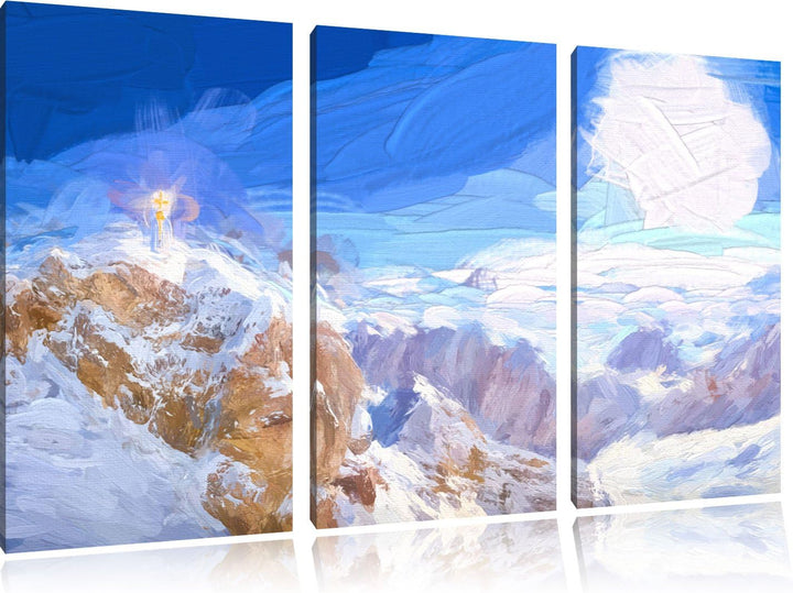 Pixxprint Zugspitze im Sonnenlicht als Leinwandbild | Grösse: 3 Teilig (120x80) | Wandbild| Kunstdru