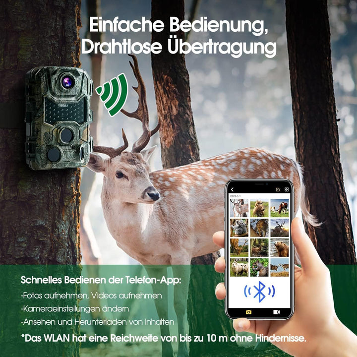 Crenova Wildkamera 4K 32MP mit 32GB microSD 940nm IR LEDs Bluetooth Bewegungsmelder Nachtsicht Spiel