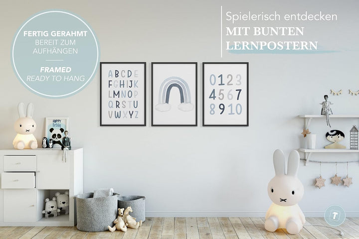 Papierschmiede® Kinderbilder 3er Set Lernposter, A4 gerahmt in Holzrahmen (schwarz), Geschenk für Ju