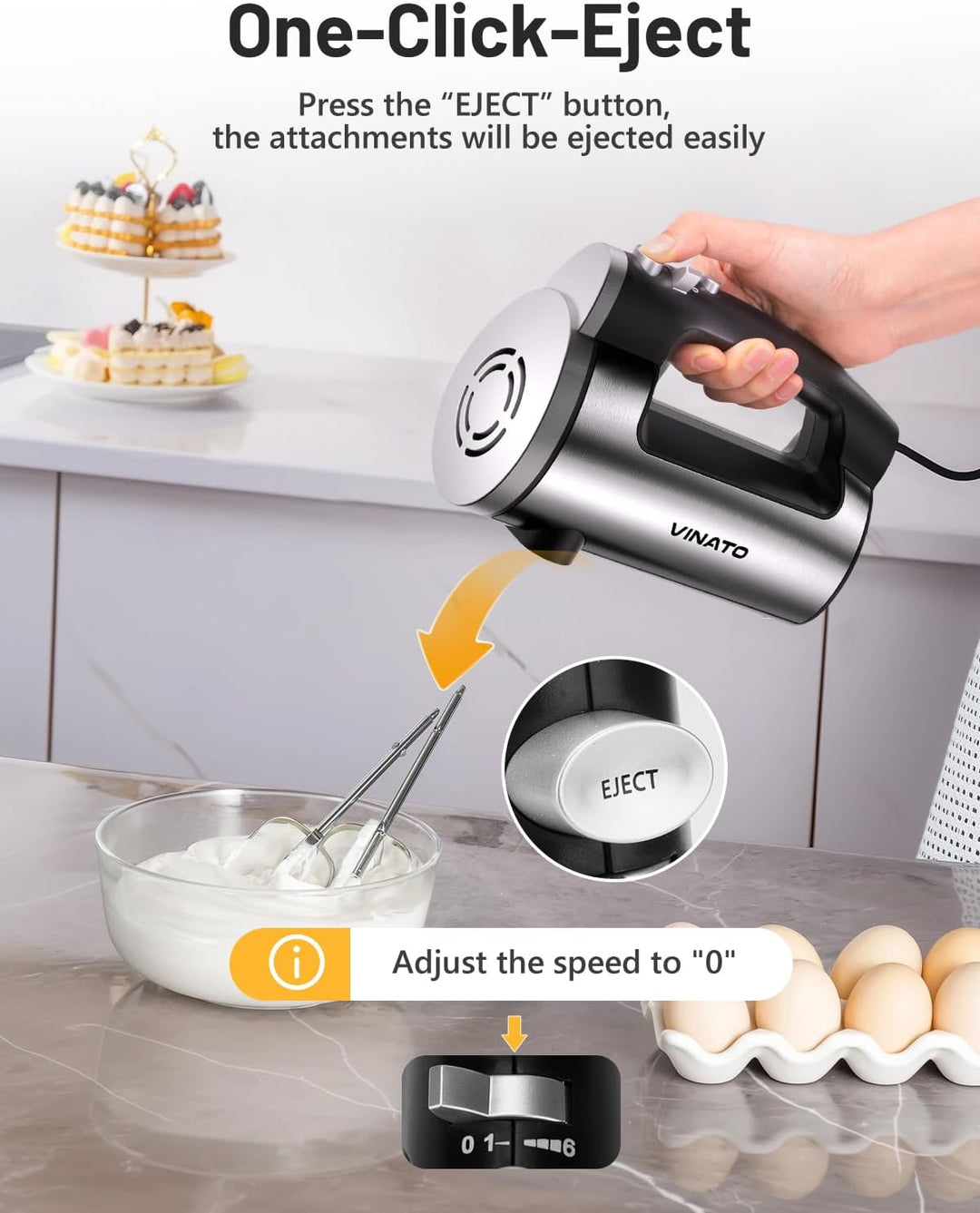 VINATO Elektrischer Handmixer, 300 Watt Handrührgerät mit 5 Geschwindigkeitsstufen, Handrührer mit 2