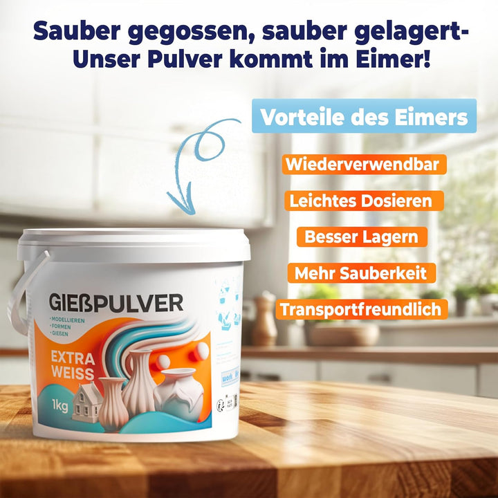 Giesspulver Extra Weiss 1,0kg - Premium Gips zum Giessen - Reliefgiesspulver weiss aus hochwertigem