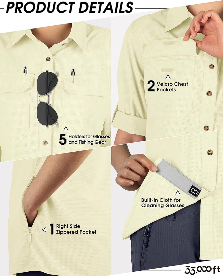 33,000ft Hemd Damen UPF50+ UV Schutz Outdoorhemd Schnelltrocknend Freizeithemd Langarm Funktionshemd