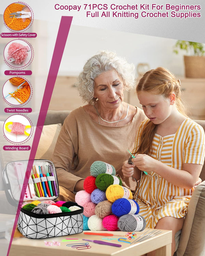 Coopay Häkelset für Anfänger, 71 Stück Häkelnadel Set mit Tasche und Wolle, Prämie Häkel Set mit Str