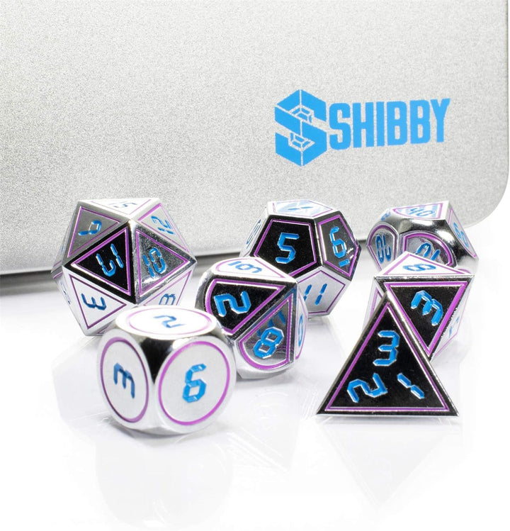 shibby 7 polyedrische Metall-Würfel für Rollen- und Tabletopspiele in Digital Optik D2 inkl. Aufbewa