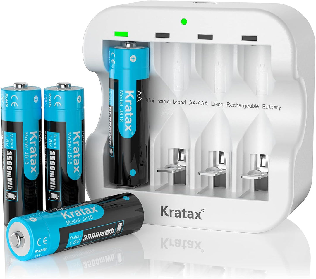 Kratax Wiederaufladbare 1,5V AA Akku Lithium, 3500mWh mit 1600 Zyklen, 1,5 Volt Konstante Ausgabe, 4
