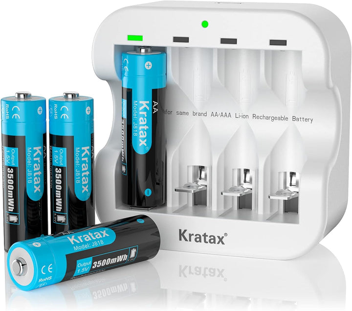 Kratax Wiederaufladbare 1,5V AA Akku Lithium, 3500mWh mit 1600 Zyklen, 1,5 Volt Konstante Ausgabe, 4