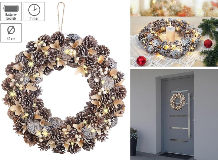 infactory Türkranz Weihnachten: Advents- und Weihnachtskranz mit LED-Beleuchtung, beige/braun, Ø 44