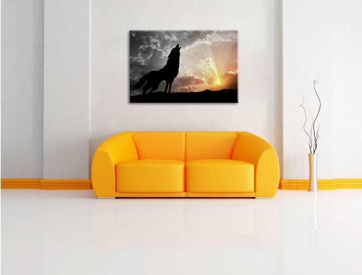 Pixxprint Wolf Heulen als Leinwandbild | Grösse: 100x70 cm | Wandbild | Kunstdruck | fertig bespannt
