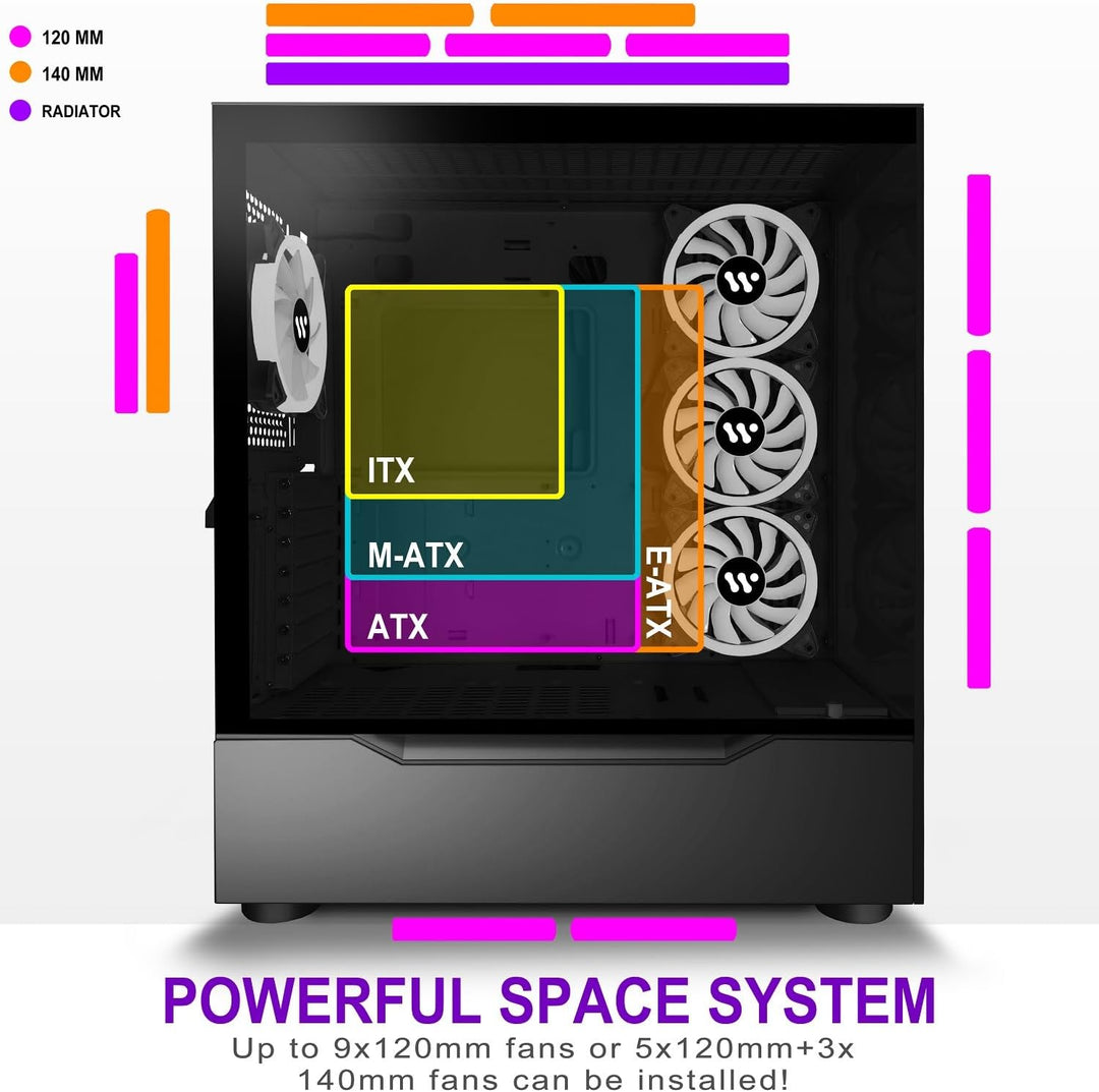 KEDIERS PC Gehäuse - Vorinstallierte 4 PWM ARGB lüfter, E-ATX Tower Gehäuse aus gehärtetem Glas, Sch