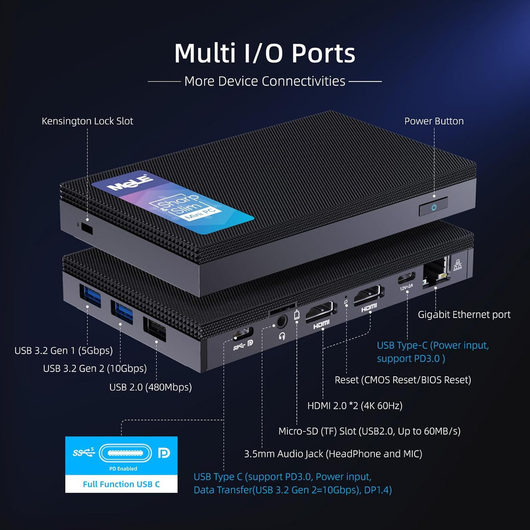 MeLE Quieter4C Lüfterloser Mini PC Windows 11 Pro 8GB DDR4 256GB ROM Micro PC Alder Lake N100(bis zu