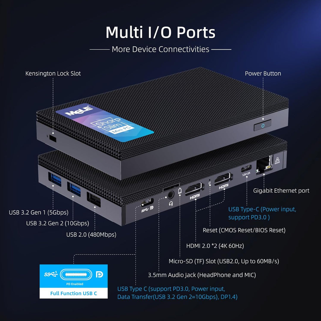 MeLE Quieter4C Lüfterloser Mini PC Windows 11 Pro 16GB DDR4 512GB ROM Micro PC Alder Lake N100(bis z