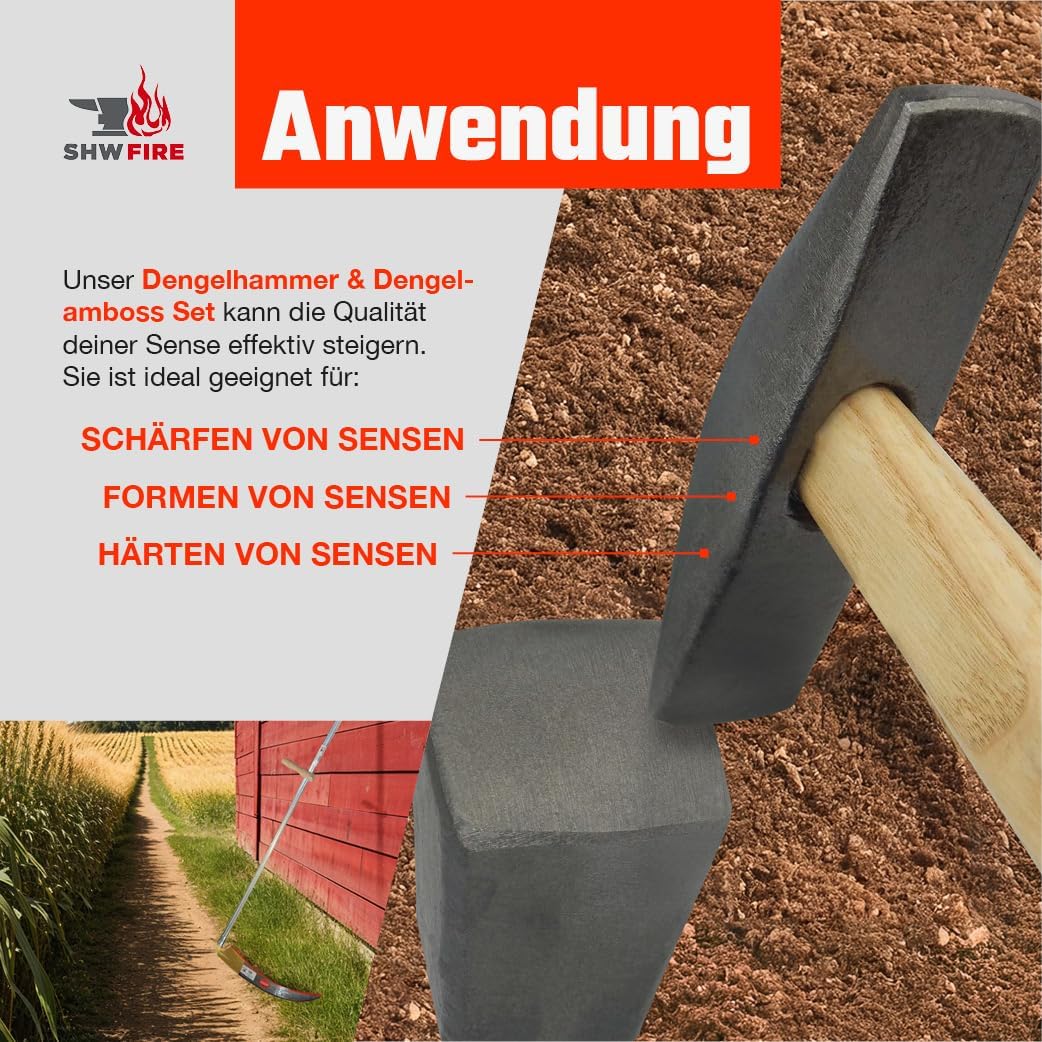 SHW-FIRE Dengelhammer und Dengelamboss Set - optimales Dengeln und Schärfen von Sensen
