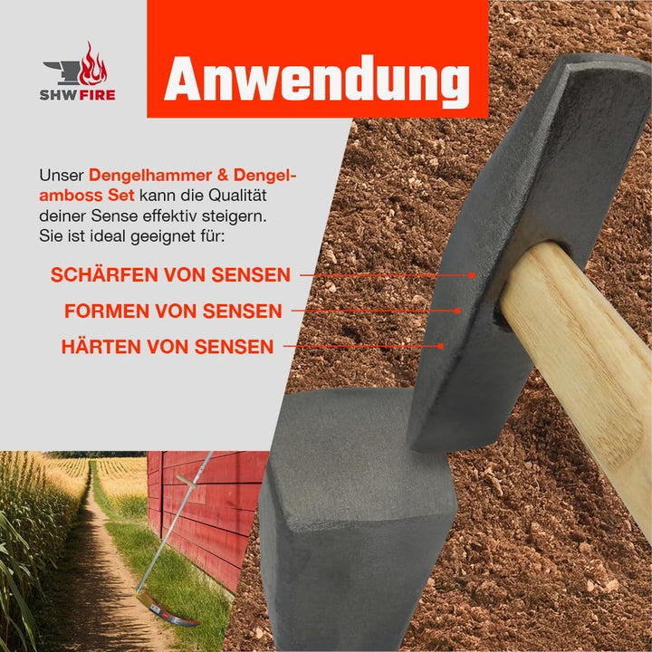 SHW-FIRE Dengelhammer und Dengelamboss Set - optimales Dengeln und Schärfen von Sensen