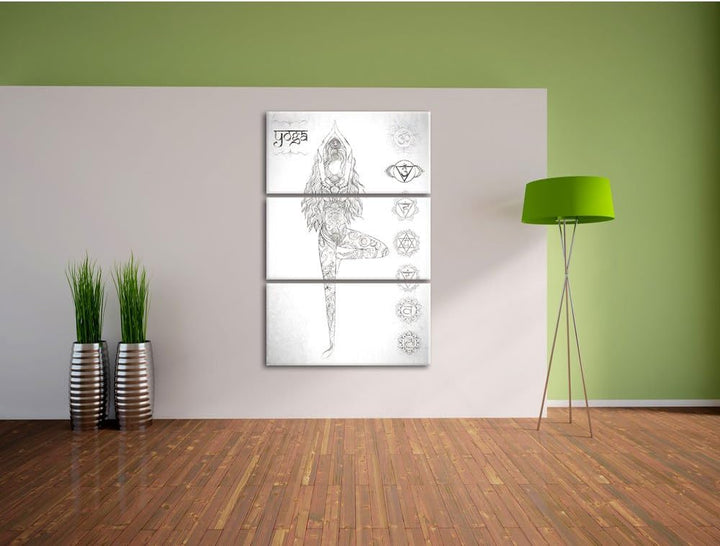 Pixxprint Yogafigur in der Tree Pose Kunst Kohle Effekt 3-Teiler Leinwandbild 120x80 Bild auf Leinwa
