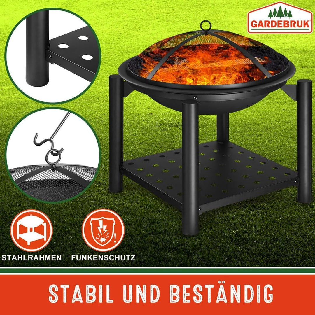 GARDEBRUK® Feuersschale mit Funkenschutz Rund Ø55cm Schürhaken Ablagefach Stahl Schwarz Terrasse Gar