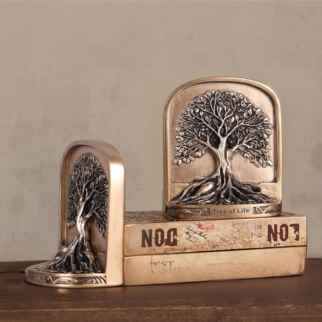 Schwere Buchstützen Baum des Lebens aus Kunstharz - 2er Set in bronzefarbener Optik mit Rutschfester