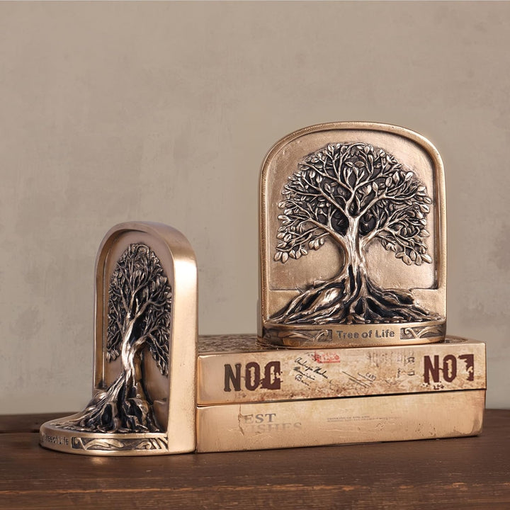 Schwere Buchstützen Baum des Lebens aus Kunstharz - 2er Set in bronzefarbener Optik mit Rutschfester