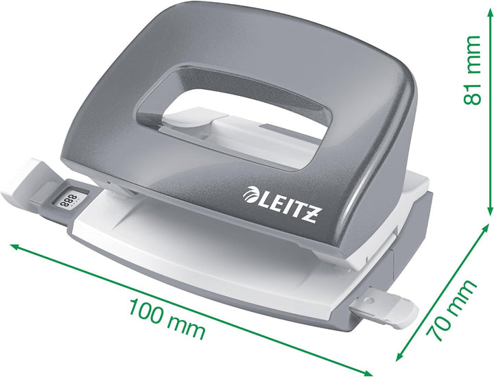 Leitz 55996062 Mini-Heftgerät-und Locher-Set (für bis zu 10 Blatt, Inkl. Heftklammern, WOW) metallic