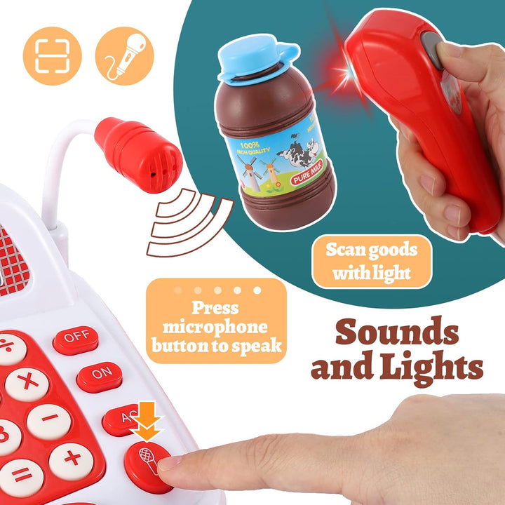 TOEY PLAY Kasse Kaufladen Kinder, Kinderkasse mit Scanner und Sound Mikrofon, Kasse Spielzeug, Kaufl