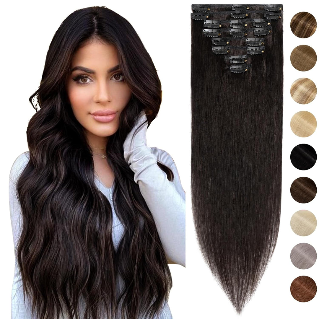 Silk-co Echthaar Clip In Extensions 8 Tressen 18 Clips 55g, Natural Schwarz Hair Extensions, Remy Ec