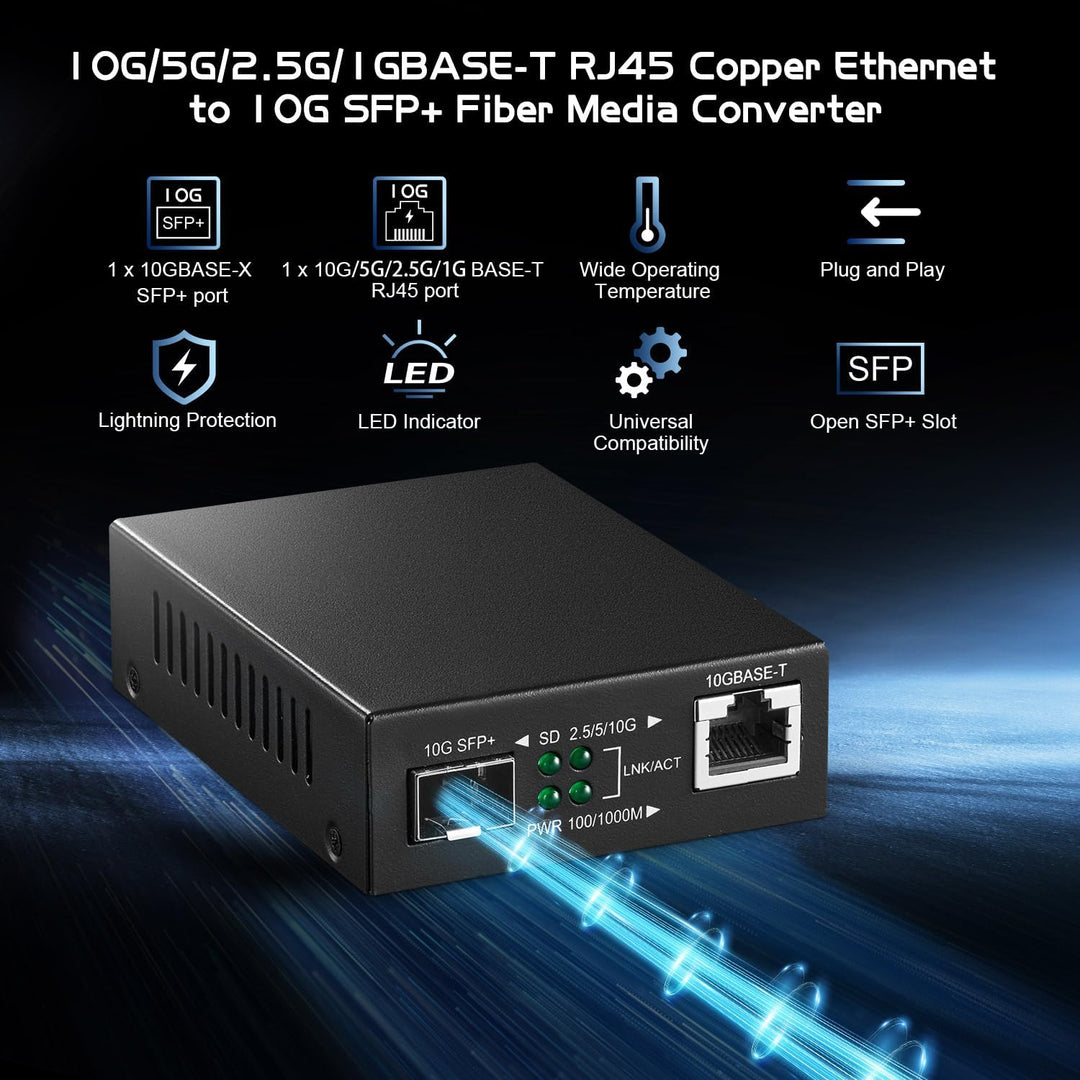 Binardat 10G Fiber Media Coverter, 2 Port 10 Gigabit Ethernet Switch, 1 x 10G RJ45 Port, 1 x 10G SFP