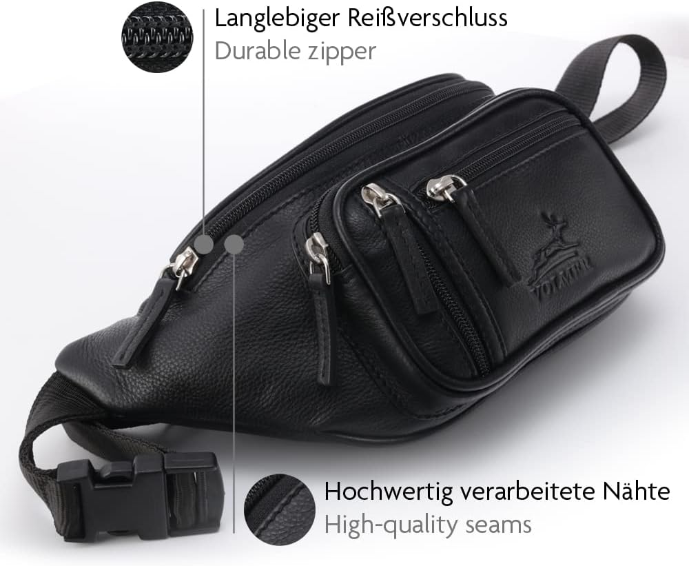 Fa.Volmer ® Bauchtasche | Gürteltasche | Hüfttasche in Echt-Leder für Damen und Herren | schwarz | V