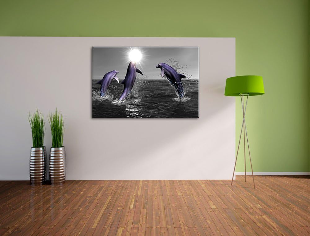 Fröhliche Delfine springen im Meer schwarz/weiss Format: 100x70 auf Leinwand, XXL riesige Bilder fer