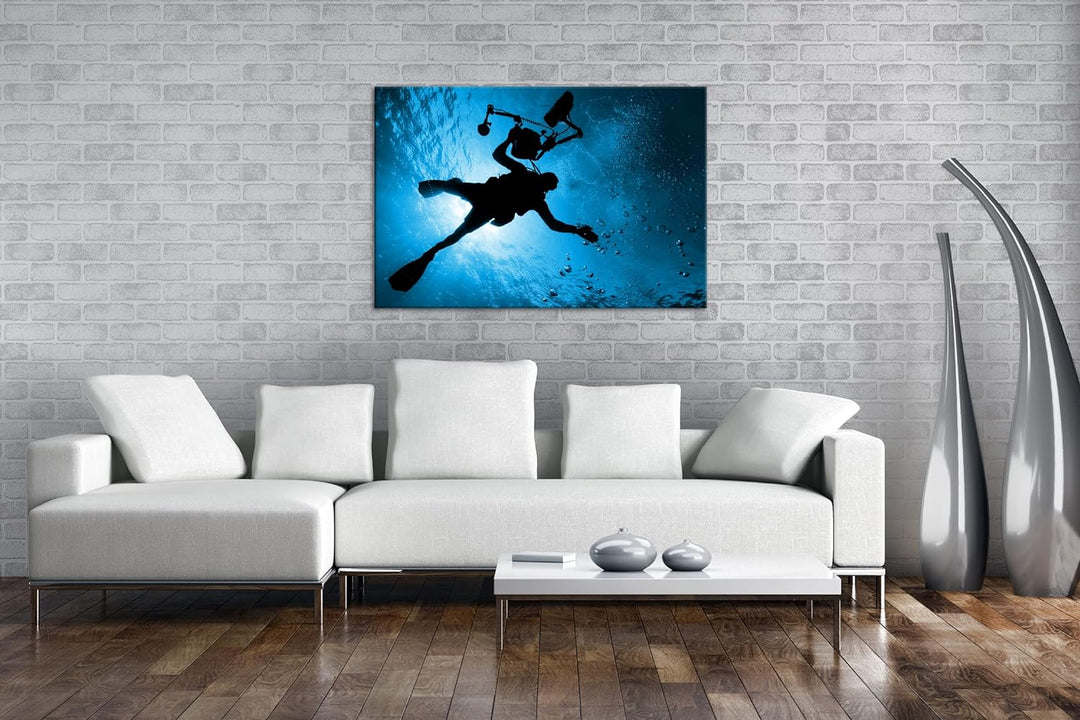 deyoli Taucher im tiefen Ozean Format 80x60 Effekt: Monocrome Blau als Leinwandbild, Motiv fertig ge