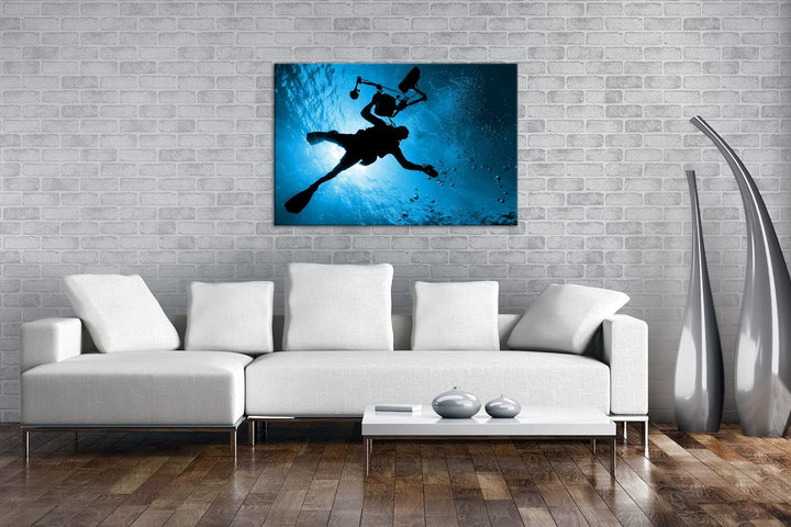 deyoli Taucher im tiefen Ozean Format 80x60 Effekt: Monocrome Blau als Leinwandbild, Motiv fertig ge