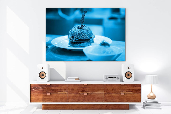 deyoli köstlicher Hamburger Format 80x60 Effekt: Monocrome Blau als Leinwandbild, Motiv fertig gerah