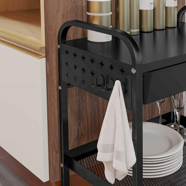 HOMCOM Servierwagen, Rollwagen mit 1 Schublade, 1 Ablage, Aufbewahrungswagen Beistellwagen mit Haken