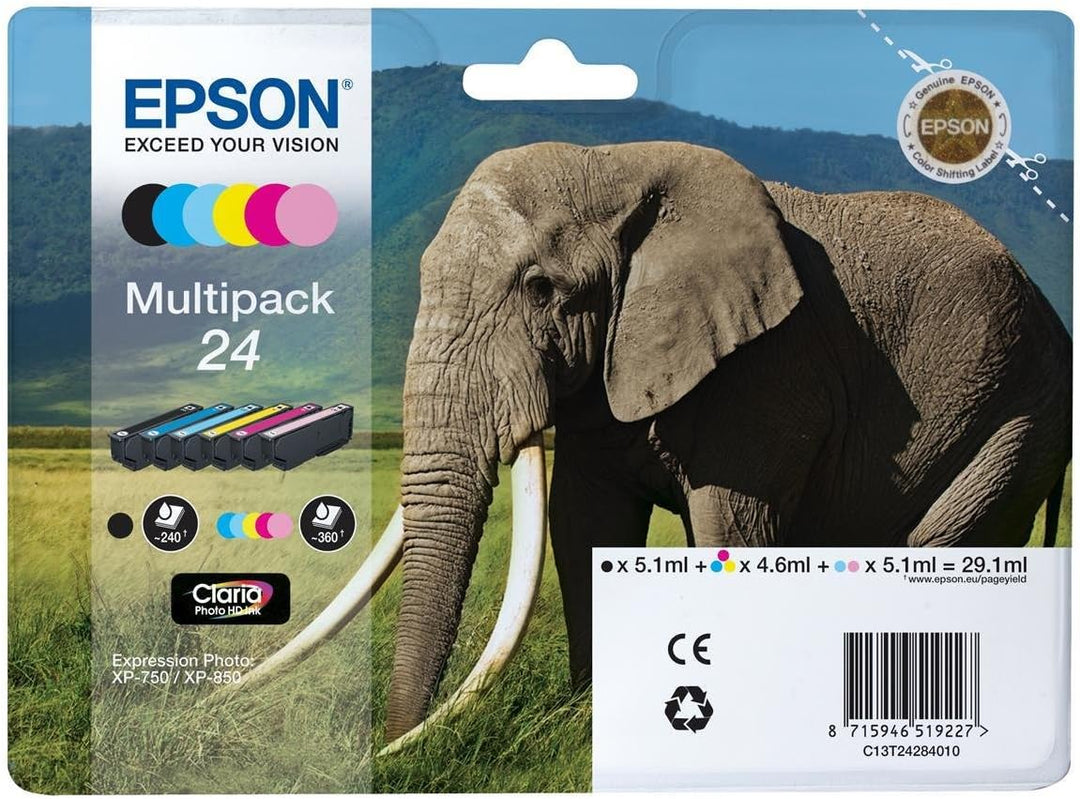 Epson Original T2428 Elefant, Claria Photo HD Tinte (hochauflösende Fotodrucke, Multipack 6-farbig)