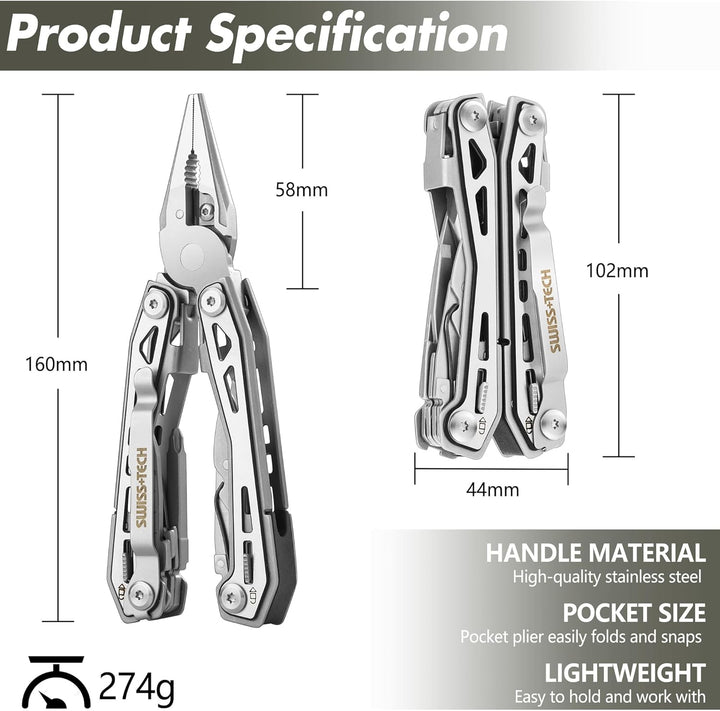 Swiss+Tech Multitool 16 in 1, Multifunktionszange Edelstahl Faltbares Multifunkstionswerkzeug Multif