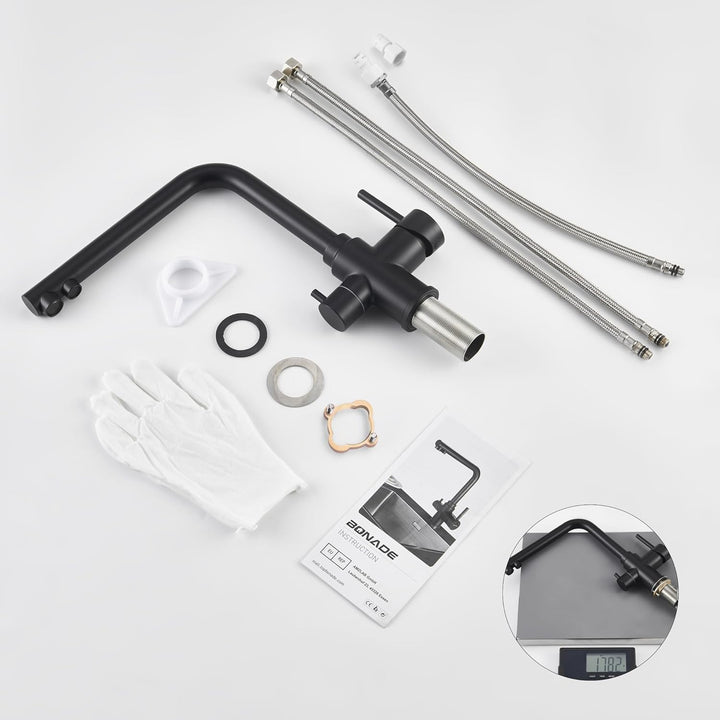 BONADE 3 Wege Wasserhahn Schwarz Matt, 360° Drehbar Küchenarmatur Trinkwasserhahn mit 2 Hebel, Misch