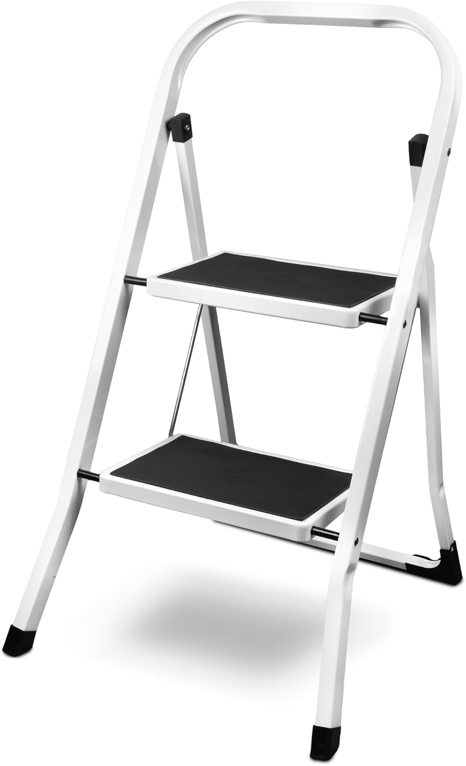 siwitec Klapptritt aus Stahl mit 2 Stufen, Weiss, kleine Leiter mit Anti-Rutschmatten, 150 kg Tragla