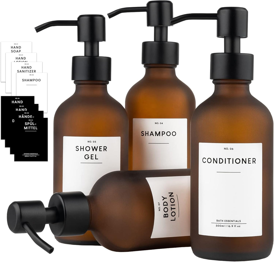 MONOKO 4er Set Seifenspender Braun Matt aus Glas | Shampoo Flaschen zum Befüllen | 250ml Spülmittels