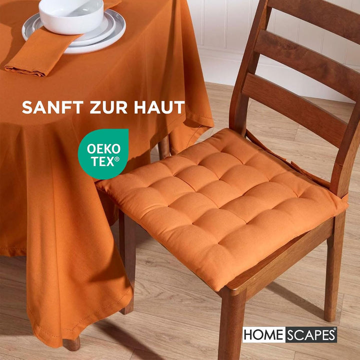 Homescapes 4er Set Stuhlkissen 40 x 40 cm, Terracotta-orange, Sitzkissen mit Bändern und Knopfversch